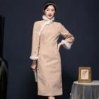 Traditional Chinese Long-sleeve Furry Trim Embroidered Dress