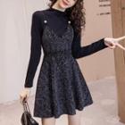 Set: Mock-turtleneck Long-sleeve T-shirt + Faux Pearl Tweed Pinafore Dress
