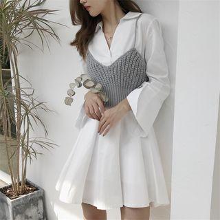 Split Placket A-line Dress / Spaghetti Strap Knit Top