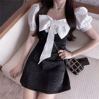Two-tone Puff-sleeve Bow Mini A-line Dress