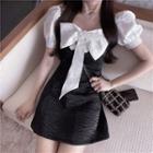 Two-tone Puff-sleeve Bow Mini A-line Dress