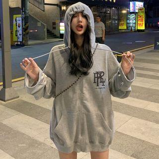 Printed Long-sleeve Hooded Jacket Gray - One Size