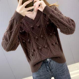 V-neck Cable Knit Pom Pom Sweater