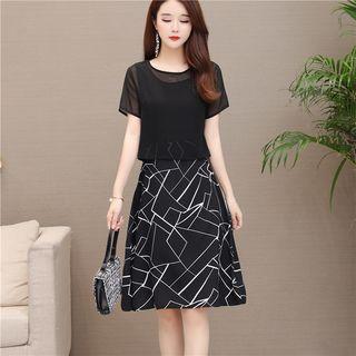 Mock Two-piece Printed Short-sleeve A-line Dress