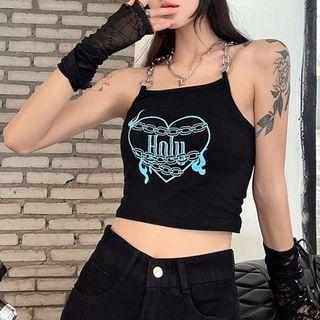 Chain-strap Graphic Print Camisole Top Black - One Size