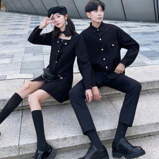 Couple Matching Plain Shirt / Cropped Straight Leg Pants / Long-sleeve Square-neck Mini Sheath Dress