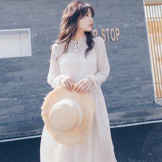 Set: Plain Long-sleeve Dress + Spaghetti Strap Dress