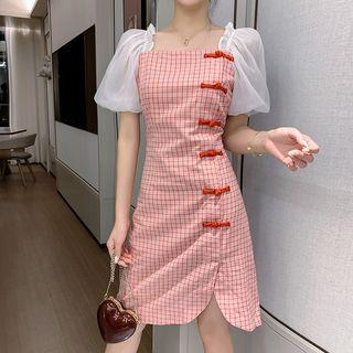 Puff-sleeve Mesh Panel Plaid Split Hem Qipao Dress