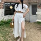Puff-sleeve Cropped Blouse / Slit Midi A-line Skirt