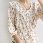 3/4-sleeve Floral Print Midi A-line Dress Yellow Floral - White - One Size