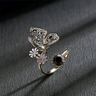 Butterfly Flower Rhinestone Alloy Open Ring Black - One Size
