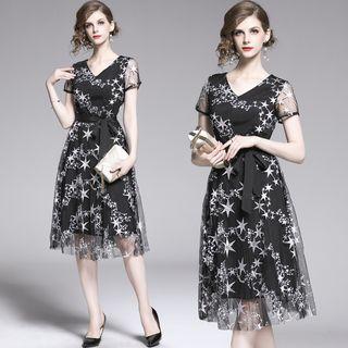 Star Embroidered Short-sleeve A-line Mesh Dress