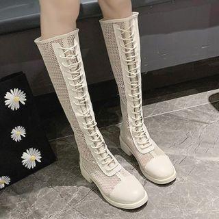 Mesh Block-heel Lace-up Tall Boots