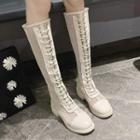 Mesh Block-heel Lace-up Tall Boots