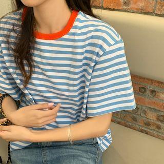 Short-sleeve Striped T-shirt Sky Blue - One Size