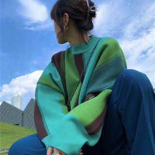 Color-block Crew-neck Loose-fit Sweater As Figure - One Size