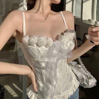 Rose Accent Ruffle Corset Top White - One Size