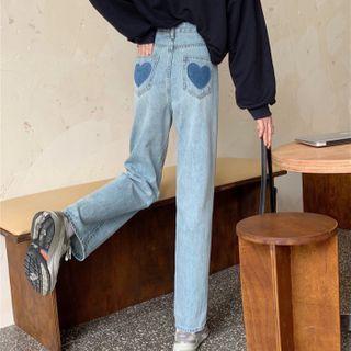 Heart Patched Straight-fit Jeans