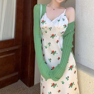 Spaghetti-strap Floral Midi Sheath Dress / Cropped Cardigan