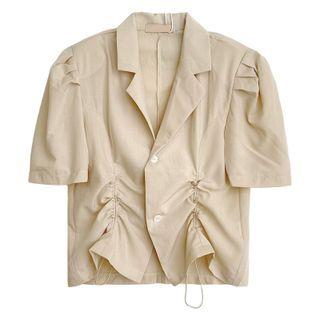 Short-sleeve Drawstring Cropped Blouse Khaki - One Size