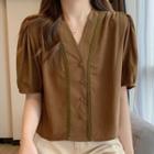 Elbow-sleeve V-neck Button-up Chiffon Blouse