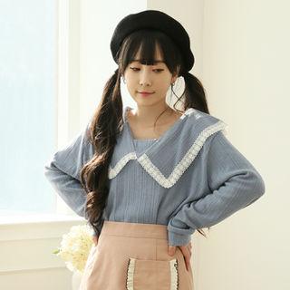 Sailor-collar Lace-trim Top