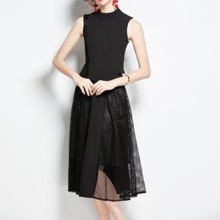 Set: Sleeveless Top + Mesh Panel Midi A-line Skirt
