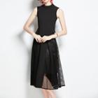 Set: Sleeveless Top + Mesh Panel Midi A-line Skirt