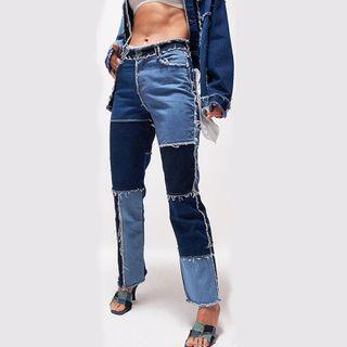 Color Block Fray Trim Straight Leg Jeans