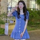 Puff-sleeve Ruffle Trim Single-breasted Denim Mini Dress