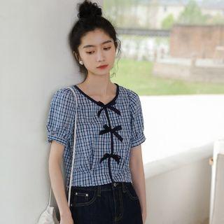 Short-sleeve Bow-accent Plaid Blouse