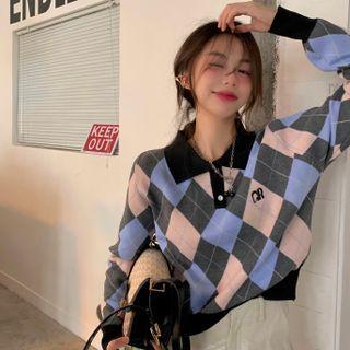 Knitted Argyle Cropped Cardigan