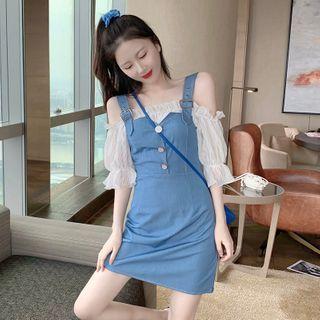 Elbow-sleeve Cold Shoulder Denim Mini Dress