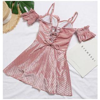Patterned Ruffle-trim Lace-up Back Swimdress