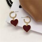 Heart Drop Earring 1 Pair - Gold & Maroon - One Size