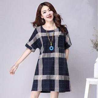 Plaid Elbow Sleeve T-shirt Dress