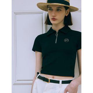 Collared Zipped Rhinestone Crop Top Black - One Size