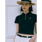 Collared Zipped Rhinestone Crop Top Black - One Size