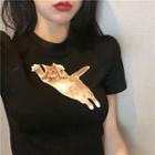 Cat Printed Short-sleeve Slim-fit Cropped T-shirt