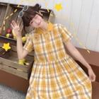 Plaid Short-sleeve Collared Dress Yellow - One Size