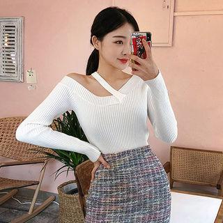 Asymmetric Off-shoulder Rib-knit Top