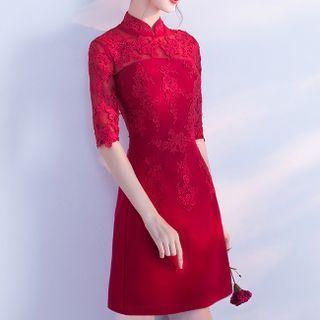 Mandarin Collar Lace Mini A-line Cocktail Dress