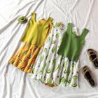 Sleeveless Knit Top / Avocado Print A-line Midi Skirt