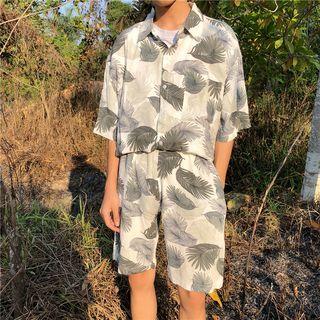Set: Leaf Print Short-sleeve Shirt + Shorts