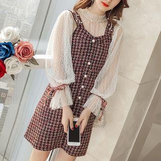 Set: Lace Blouse + Plaid Jumper Dress
