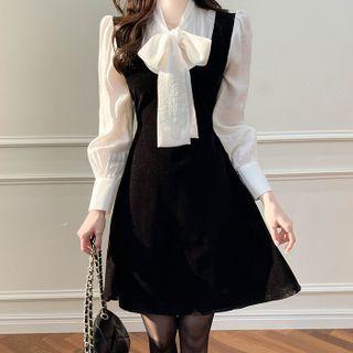 Inset Scarf Blouse Flared Velvet Dress