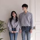 Couple Matching Striped Lantern-sleeve Shirt / Half-placket Shirt