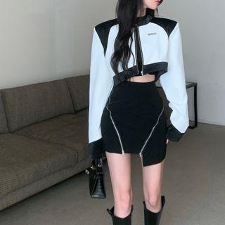 Two-tone Cropped Jacket / Cutout T-shirt / Mini Pencil Skirt