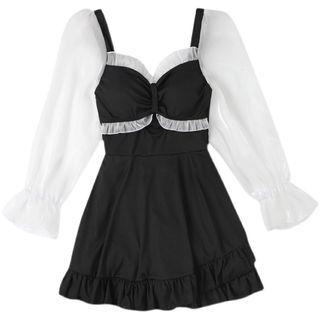 Long-sleeve Two-tone Ruffle Swim Dress