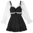 Long-sleeve Two-tone Ruffle Swim Dress